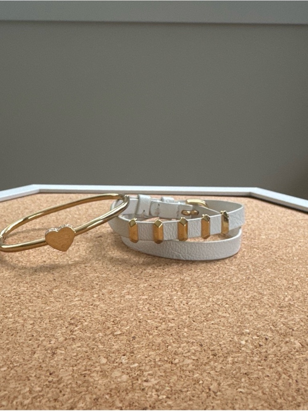 Stella & Dot White Leather Wrap Bracelet with Gold Studs + Gold Heart Bangle